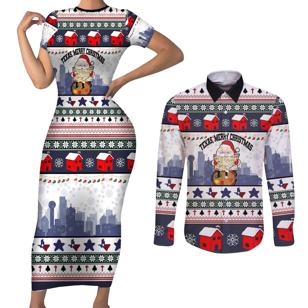 Texas Santa Christmas Couples Matching Short Sleeve Bodycon Dress and Long Sleeve Button Shirt Xmas Holiday Patterns - Wonder Print Shop