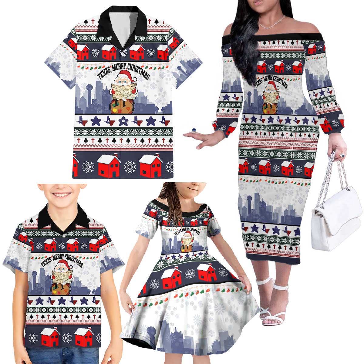 Texas Santa Christmas Family Matching Off The Shoulder Long Sleeve Dress and Hawaiian Shirt Xmas Holiday Patterns - Wonder Print Shop