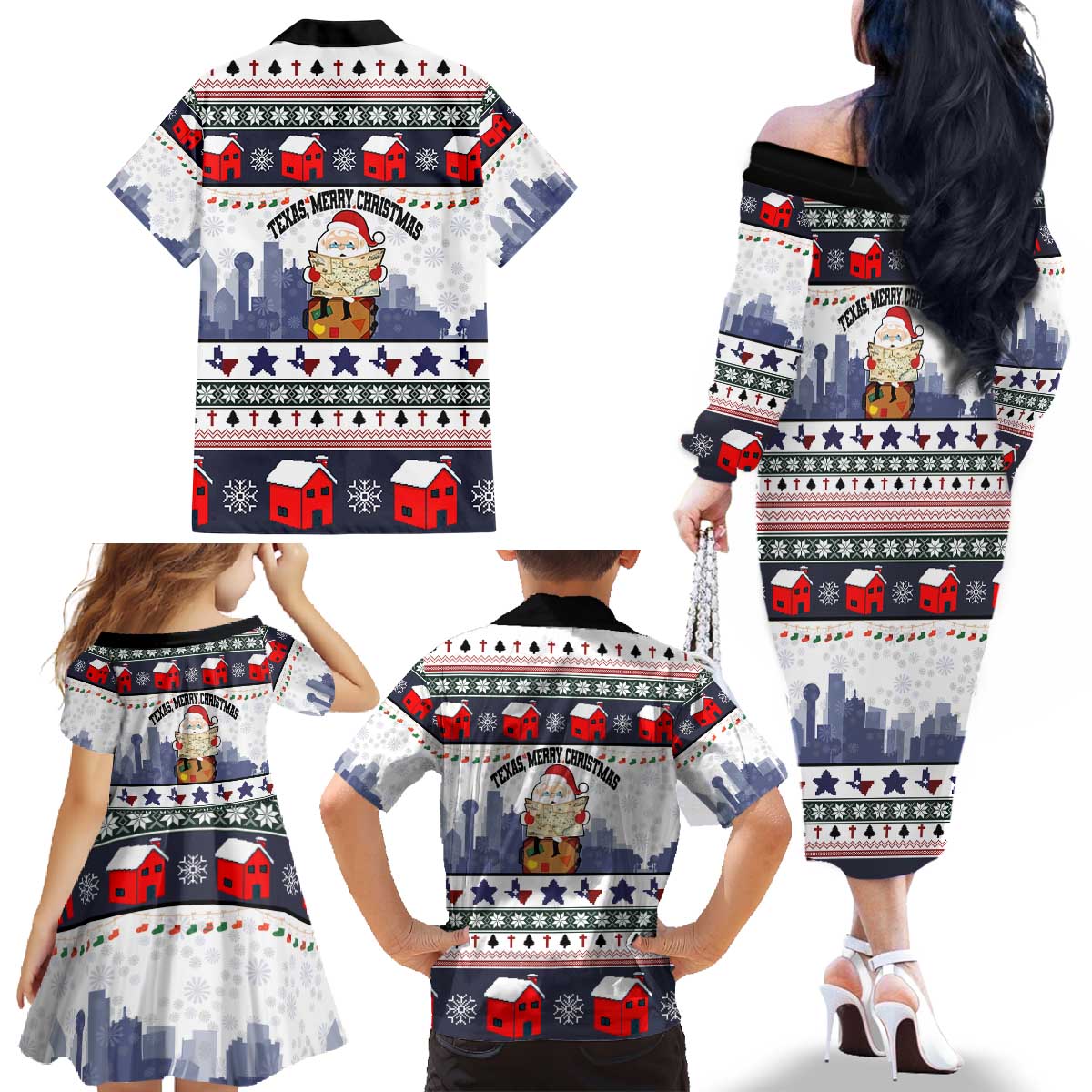 Texas Santa Christmas Family Matching Off The Shoulder Long Sleeve Dress and Hawaiian Shirt Xmas Holiday Patterns - Wonder Print Shop