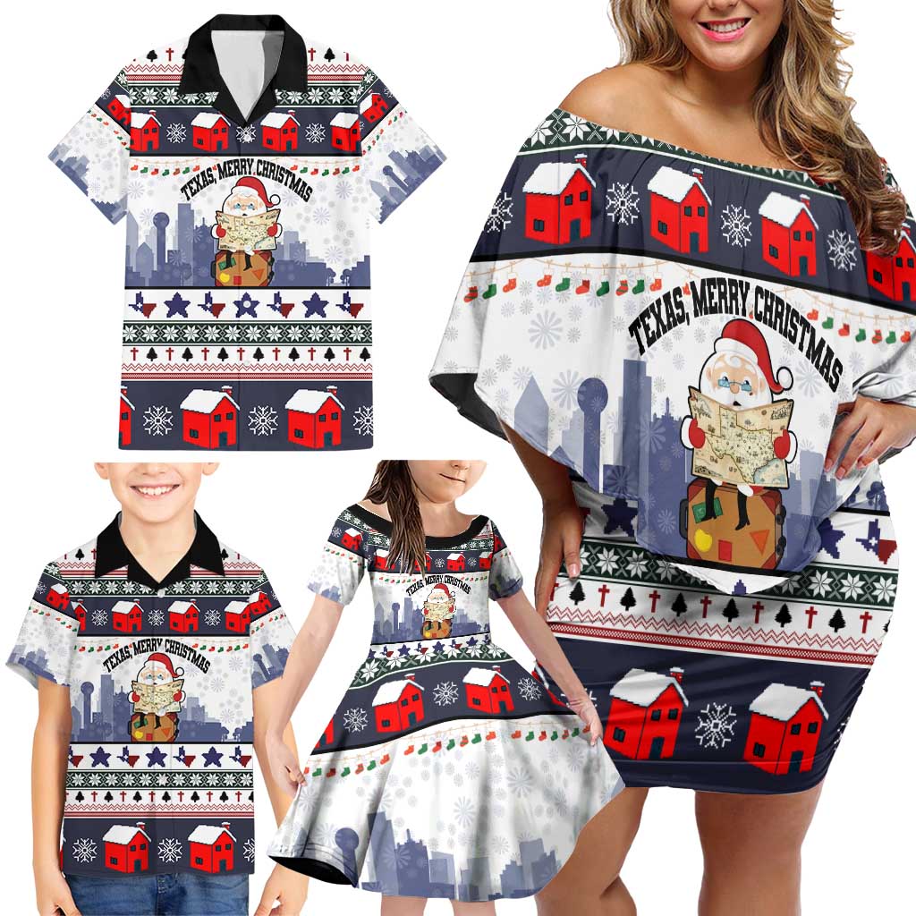 Texas Santa Christmas Family Matching Off Shoulder Short Dress and Hawaiian Shirt Xmas Holiday Patterns - Wonder Print Shop
