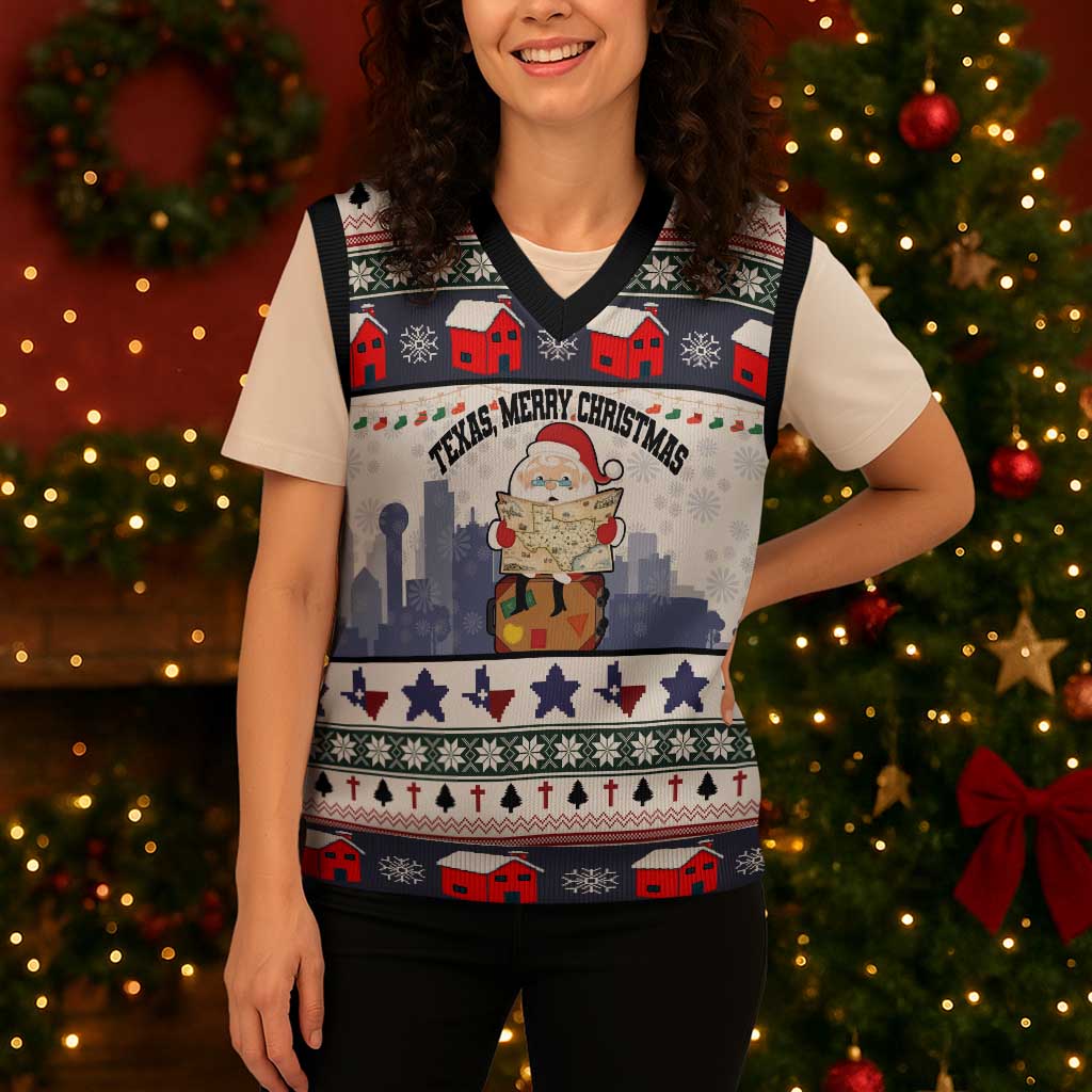 Texas Santa Christmas Knitted V-Neck Vest Xmas Holiday Patterns - Wonder Print Shop