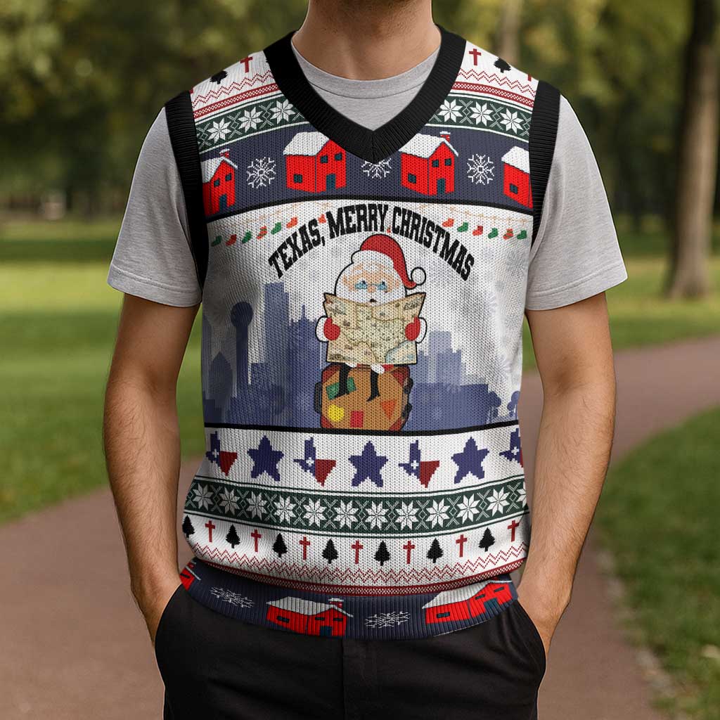 Texas Santa Christmas Knitted V-Neck Vest Xmas Holiday Patterns - Wonder Print Shop