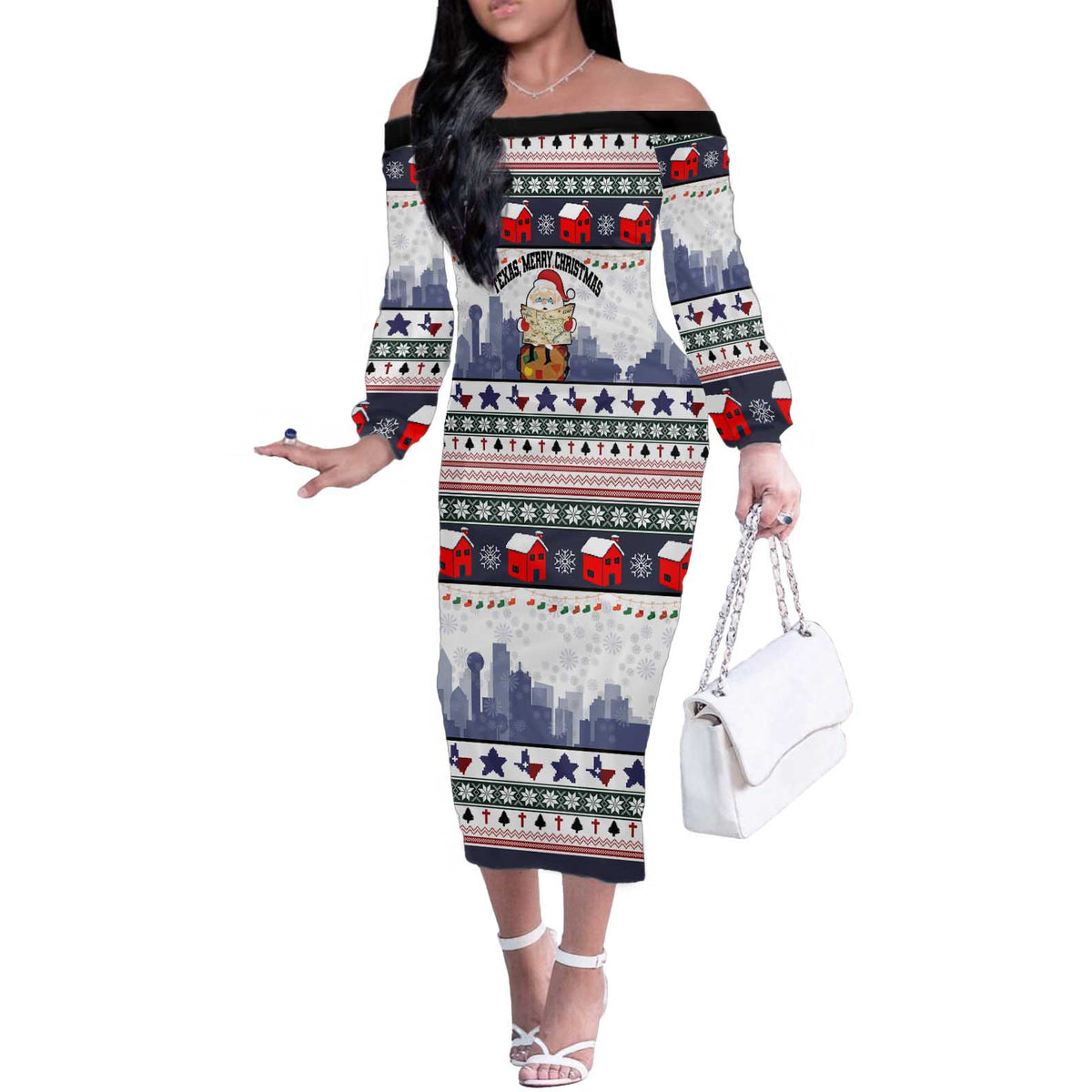 Texas Santa Christmas Off The Shoulder Long Sleeve Dress Xmas Holiday Patterns - Wonder Print Shop