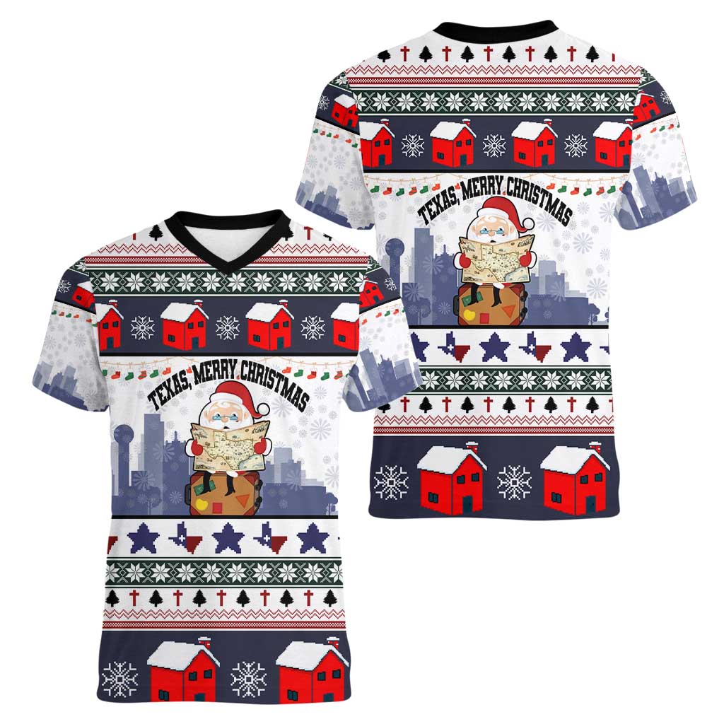 Texas Santa Christmas Women V-Neck T-Shirt Xmas Holiday Patterns - Wonder Print Shop