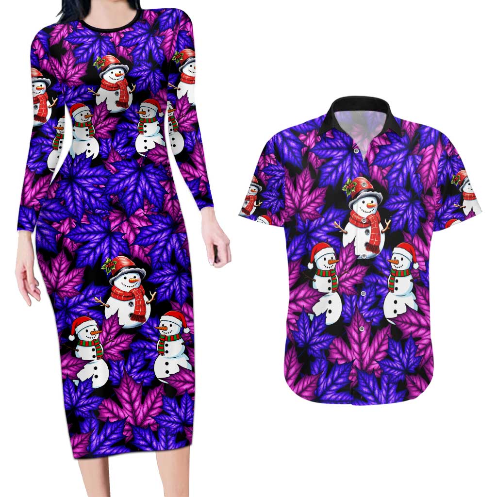 Christmas Snowman Leaves Couples Matching Long Sleeve Bodycon Dress and Hawaiian Shirt Xmas Holiday Patterns - Wonder Print Shop