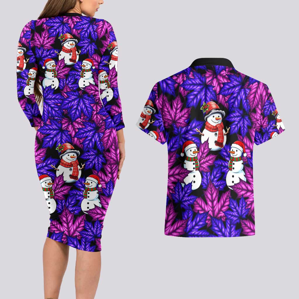 Christmas Snowman Leaves Couples Matching Long Sleeve Bodycon Dress and Hawaiian Shirt Xmas Holiday Patterns - Wonder Print Shop