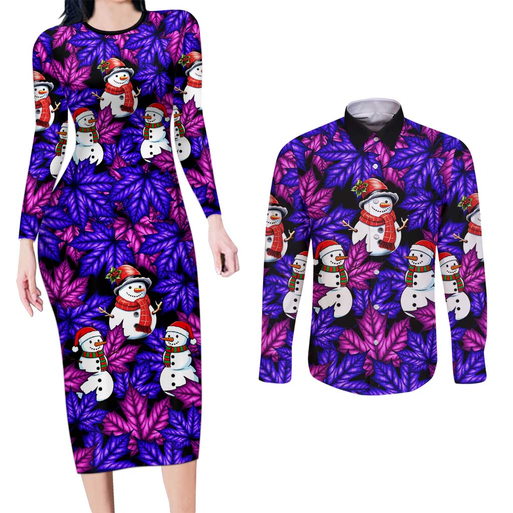 Christmas Snowman Leaves Couples Matching Long Sleeve Bodycon Dress and Long Sleeve Button Shirt Xmas Holiday Patterns - Wonder Print Shop