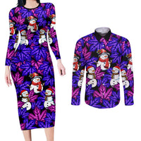 Christmas Snowman Leaves Couples Matching Long Sleeve Bodycon Dress and Long Sleeve Button Shirt Xmas Holiday Patterns - Wonder Print Shop