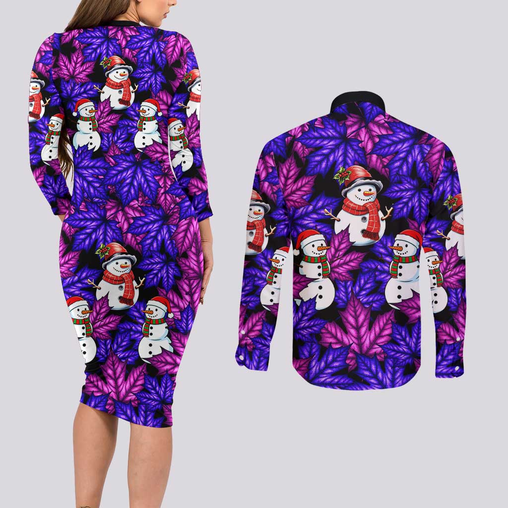 Christmas Snowman Leaves Couples Matching Long Sleeve Bodycon Dress and Long Sleeve Button Shirt Xmas Holiday Patterns - Wonder Print Shop