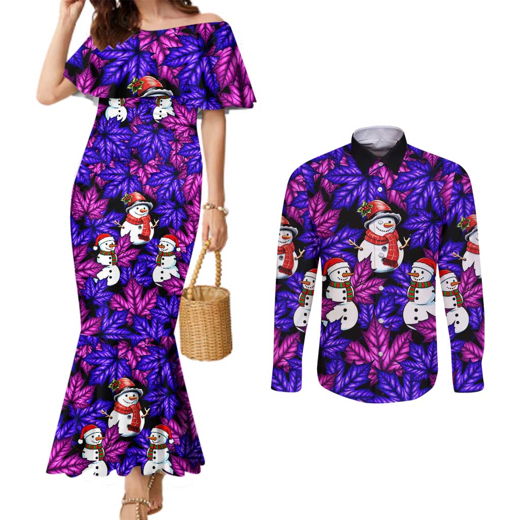 Christmas Snowman Leaves Couples Matching Mermaid Dress and Long Sleeve Button Shirt Xmas Holiday Patterns - Wonder Print Shop