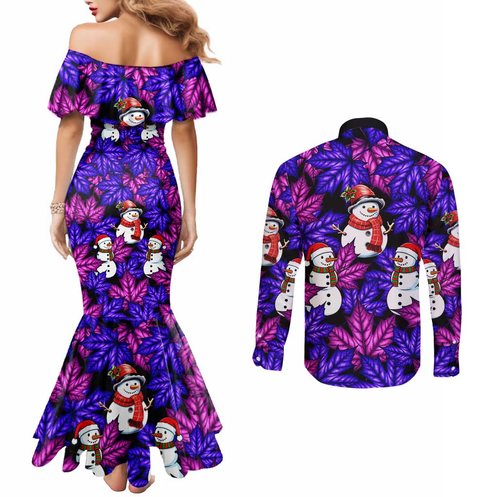 Christmas Snowman Leaves Couples Matching Mermaid Dress and Long Sleeve Button Shirt Xmas Holiday Patterns - Wonder Print Shop