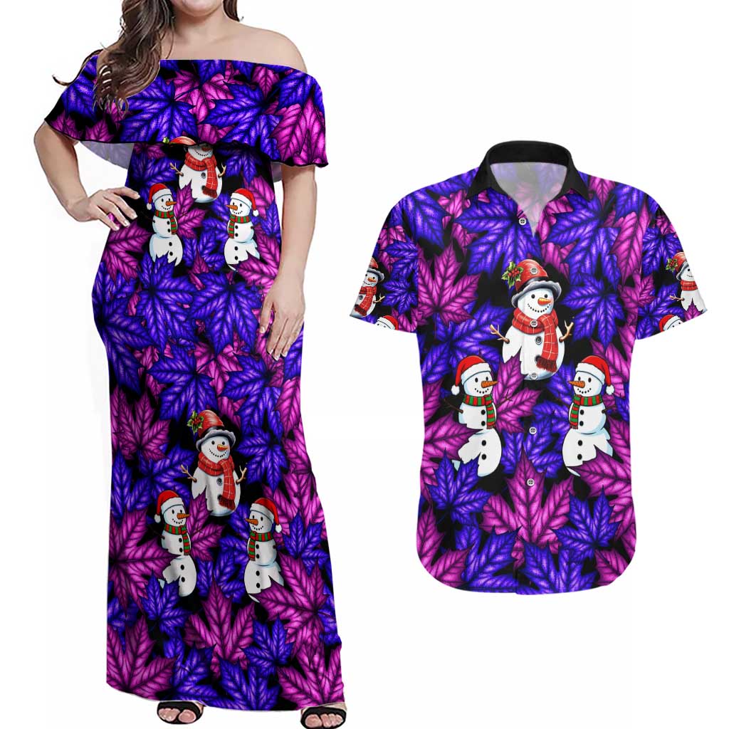 Christmas Snowman Leaves Couples Matching Off Shoulder Maxi Dress and Hawaiian Shirt Xmas Holiday Patterns - Wonder Print Shop