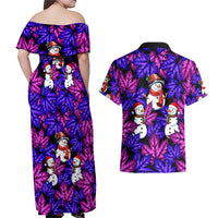 Christmas Snowman Leaves Couples Matching Off Shoulder Maxi Dress and Hawaiian Shirt Xmas Holiday Patterns - Wonder Print Shop