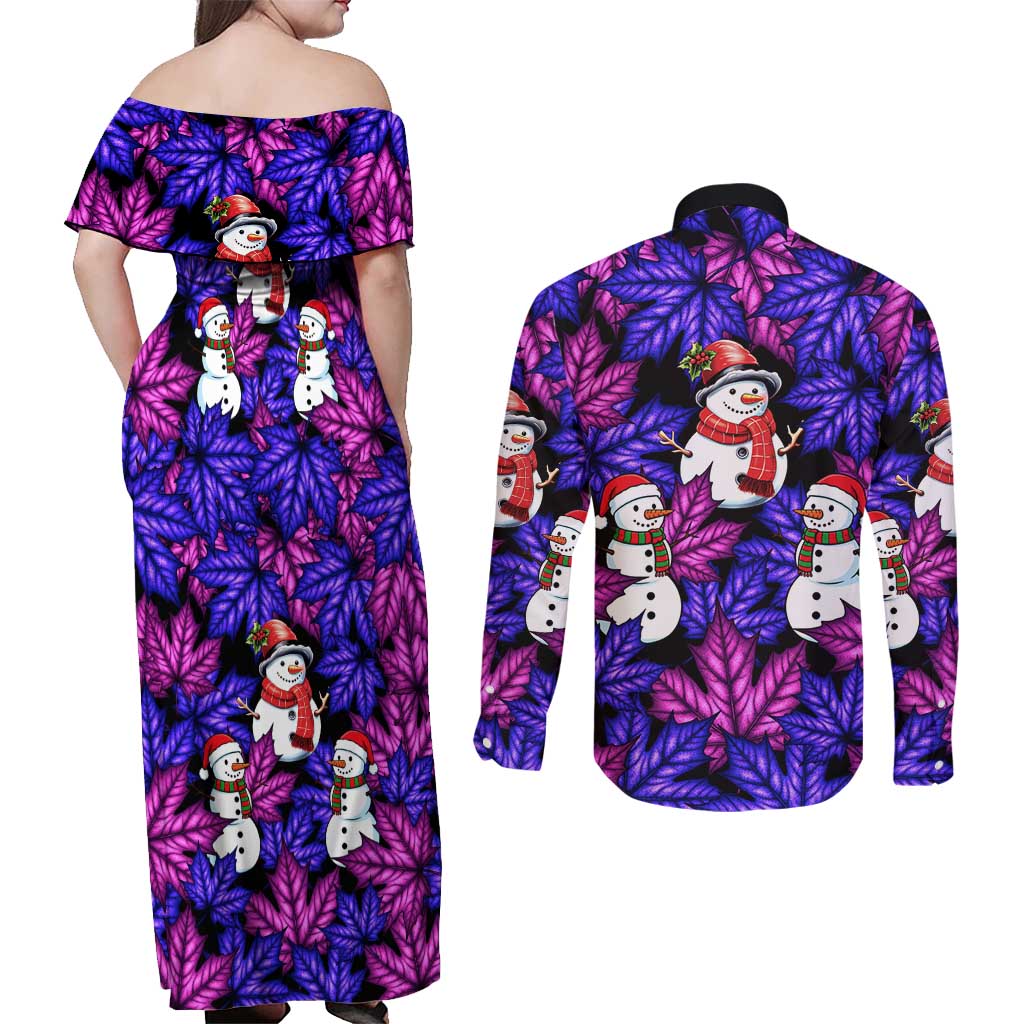 Christmas Snowman Leaves Couples Matching Off Shoulder Maxi Dress and Long Sleeve Button Shirt Xmas Holiday Patterns - Wonder Print Shop