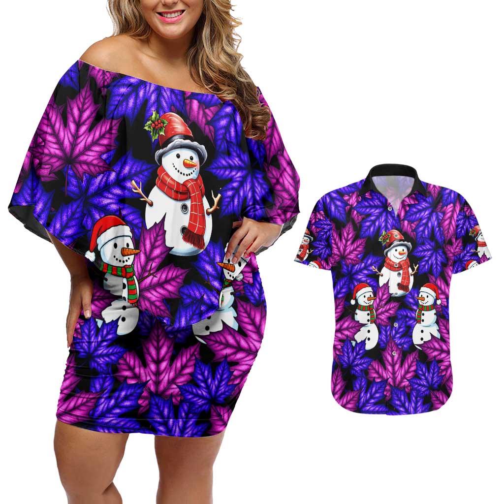 Christmas Snowman Leaves Couples Matching Off Shoulder Short Dress and Hawaiian Shirt Xmas Holiday Patterns - Wonder Print Shop