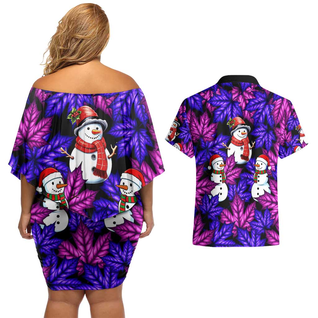 Christmas Snowman Leaves Couples Matching Off Shoulder Short Dress and Hawaiian Shirt Xmas Holiday Patterns - Wonder Print Shop
