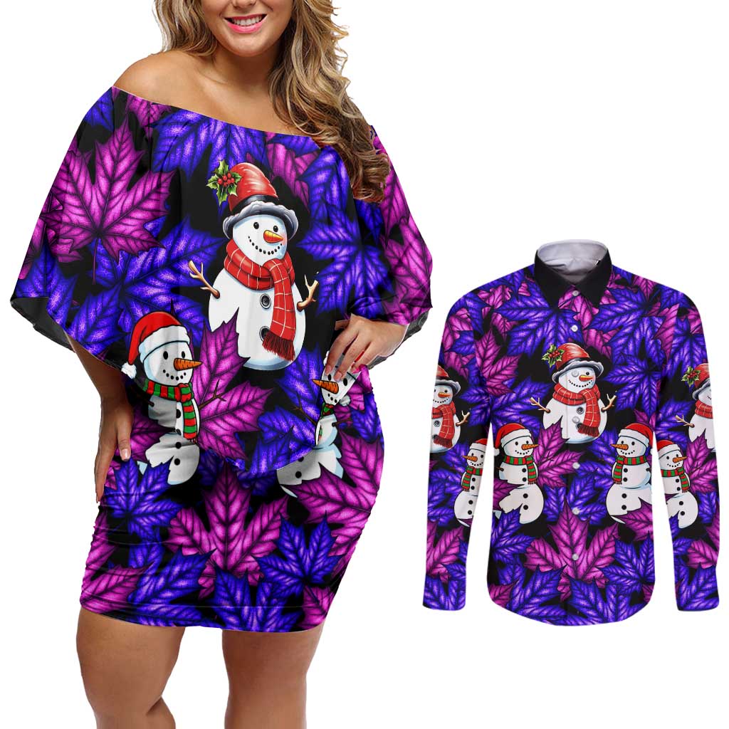 Christmas Snowman Leaves Couples Matching Off Shoulder Short Dress and Long Sleeve Button Shirt Xmas Holiday Patterns - Wonder Print Shop