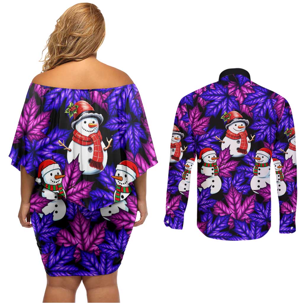 Christmas Snowman Leaves Couples Matching Off Shoulder Short Dress and Long Sleeve Button Shirt Xmas Holiday Patterns - Wonder Print Shop