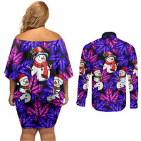 Christmas Snowman Leaves Couples Matching Off Shoulder Short Dress and Long Sleeve Button Shirt Xmas Holiday Patterns - Wonder Print Shop