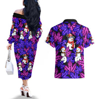Christmas Snowman Leaves Couples Matching Off The Shoulder Long Sleeve Dress and Hawaiian Shirt Xmas Holiday Patterns - Wonder Print Shop