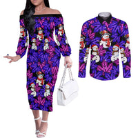 Christmas Snowman Leaves Couples Matching Off The Shoulder Long Sleeve Dress and Long Sleeve Button Shirt Xmas Holiday Patterns - Wonder Print Shop