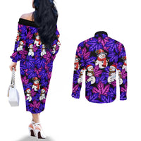 Christmas Snowman Leaves Couples Matching Off The Shoulder Long Sleeve Dress and Long Sleeve Button Shirt Xmas Holiday Patterns - Wonder Print Shop