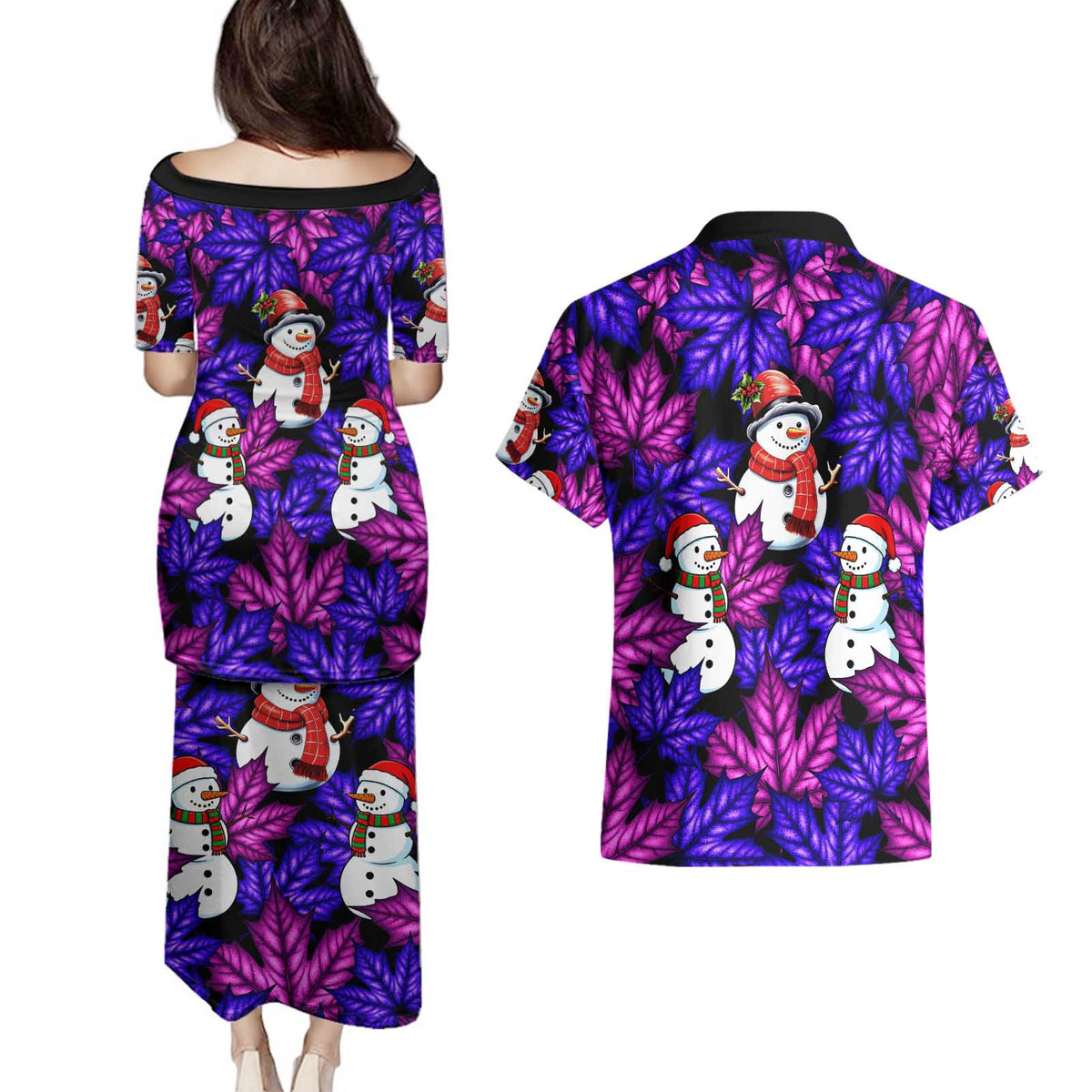 Christmas Snowman Leaves Couples Matching Puletasi and Hawaiian Shirt Xmas Holiday Patterns - Wonder Print Shop
