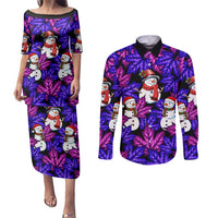 Christmas Snowman Leaves Couples Matching Puletasi and Long Sleeve Button Shirt Xmas Holiday Patterns - Wonder Print Shop