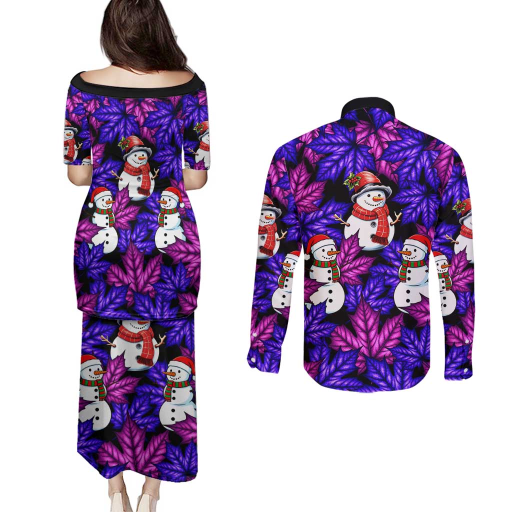 Christmas Snowman Leaves Couples Matching Puletasi and Long Sleeve Button Shirt Xmas Holiday Patterns - Wonder Print Shop