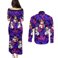 Christmas Snowman Leaves Couples Matching Puletasi and Long Sleeve Button Shirt Xmas Holiday Patterns - Wonder Print Shop
