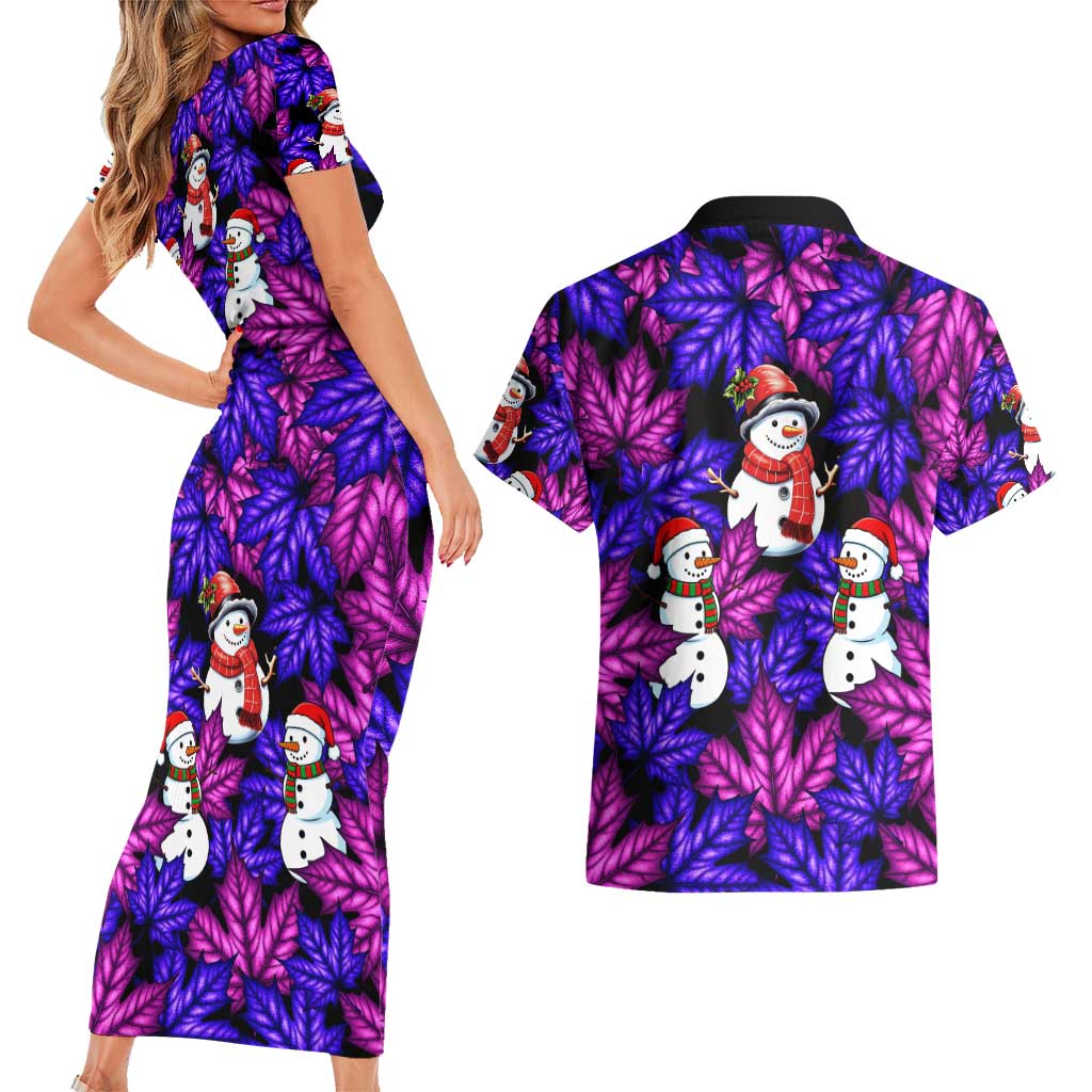 Christmas Snowman Leaves Couples Matching Short Sleeve Bodycon Dress and Hawaiian Shirt Xmas Holiday Patterns - Wonder Print Shop