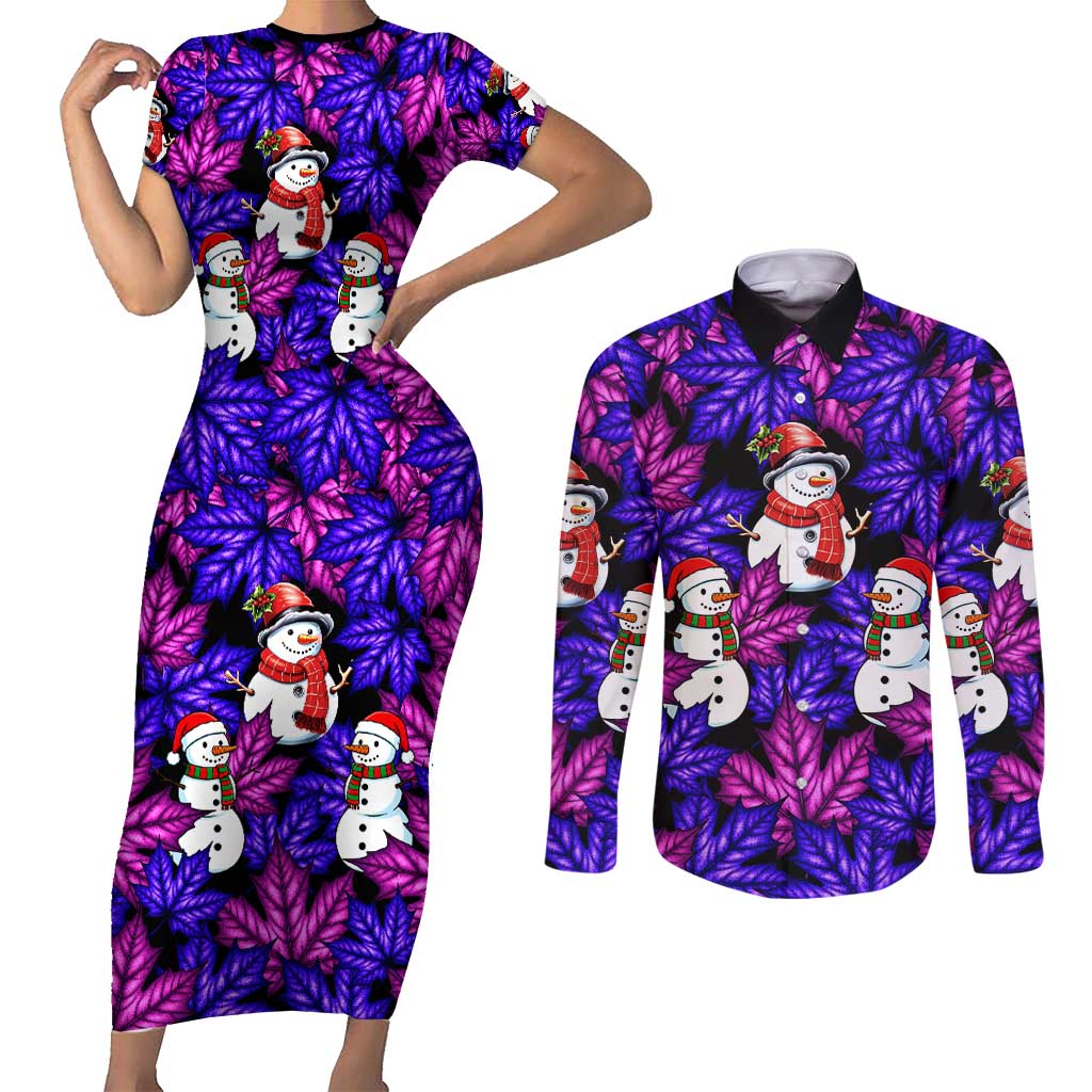 Christmas Snowman Leaves Couples Matching Short Sleeve Bodycon Dress and Long Sleeve Button Shirt Xmas Holiday Patterns - Wonder Print Shop