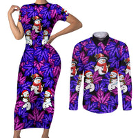 Christmas Snowman Leaves Couples Matching Short Sleeve Bodycon Dress and Long Sleeve Button Shirt Xmas Holiday Patterns - Wonder Print Shop