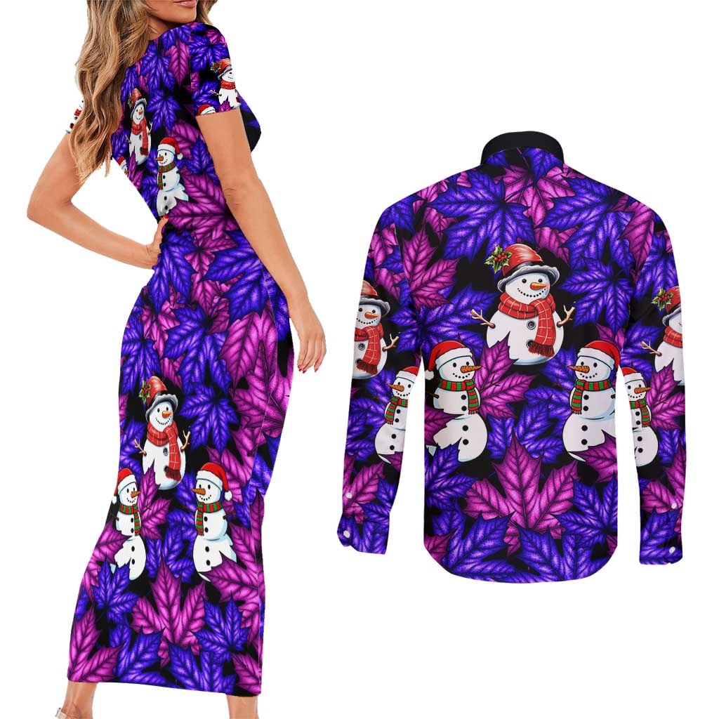 Christmas Snowman Leaves Couples Matching Short Sleeve Bodycon Dress and Long Sleeve Button Shirt Xmas Holiday Patterns - Wonder Print Shop