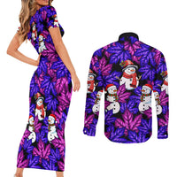 Christmas Snowman Leaves Couples Matching Short Sleeve Bodycon Dress and Long Sleeve Button Shirt Xmas Holiday Patterns - Wonder Print Shop