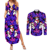 Christmas Snowman Leaves Couples Matching Summer Maxi Dress and Long Sleeve Button Shirt Xmas Holiday Patterns - Wonder Print Shop