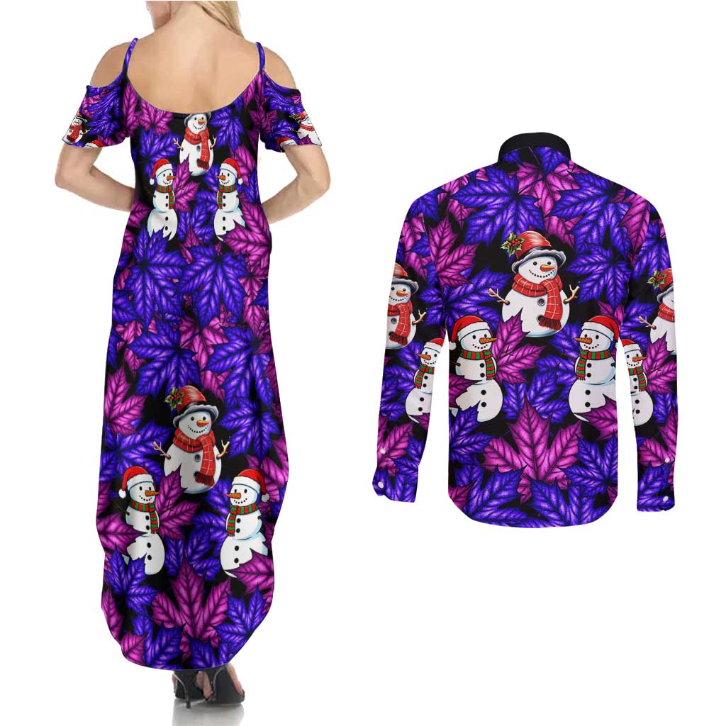 Christmas Snowman Leaves Couples Matching Summer Maxi Dress and Long Sleeve Button Shirt Xmas Holiday Patterns - Wonder Print Shop
