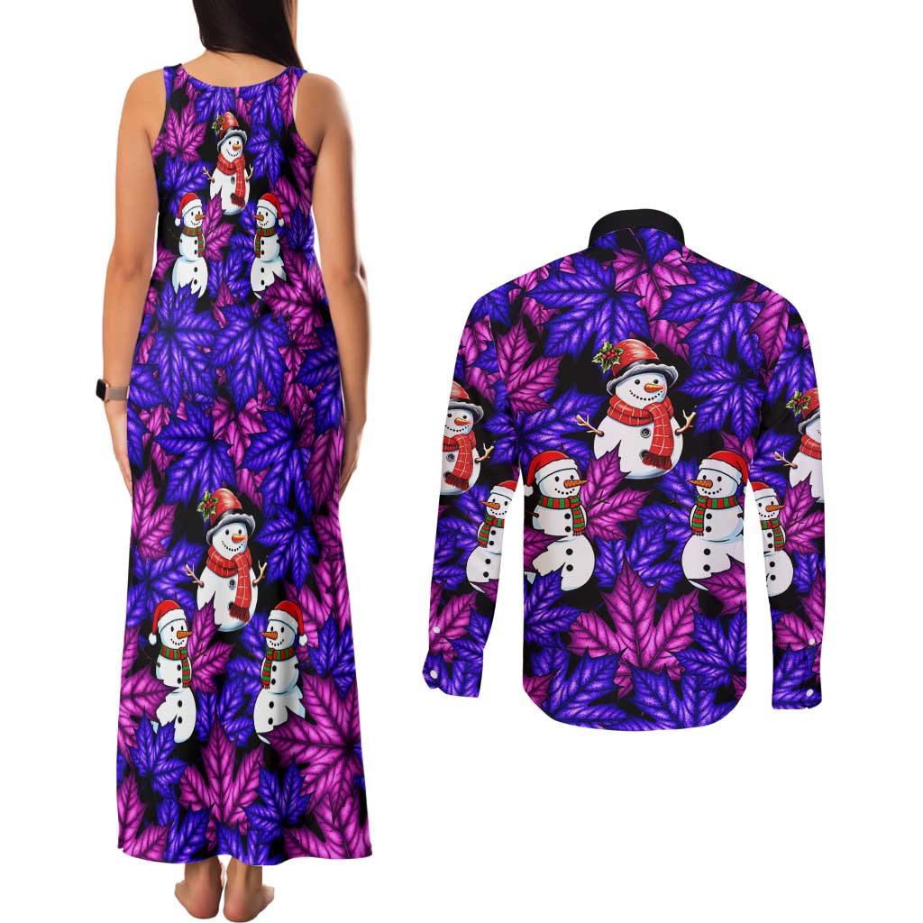 Christmas Snowman Leaves Couples Matching Tank Maxi Dress and Long Sleeve Button Shirt Xmas Holiday Patterns - Wonder Print Shop