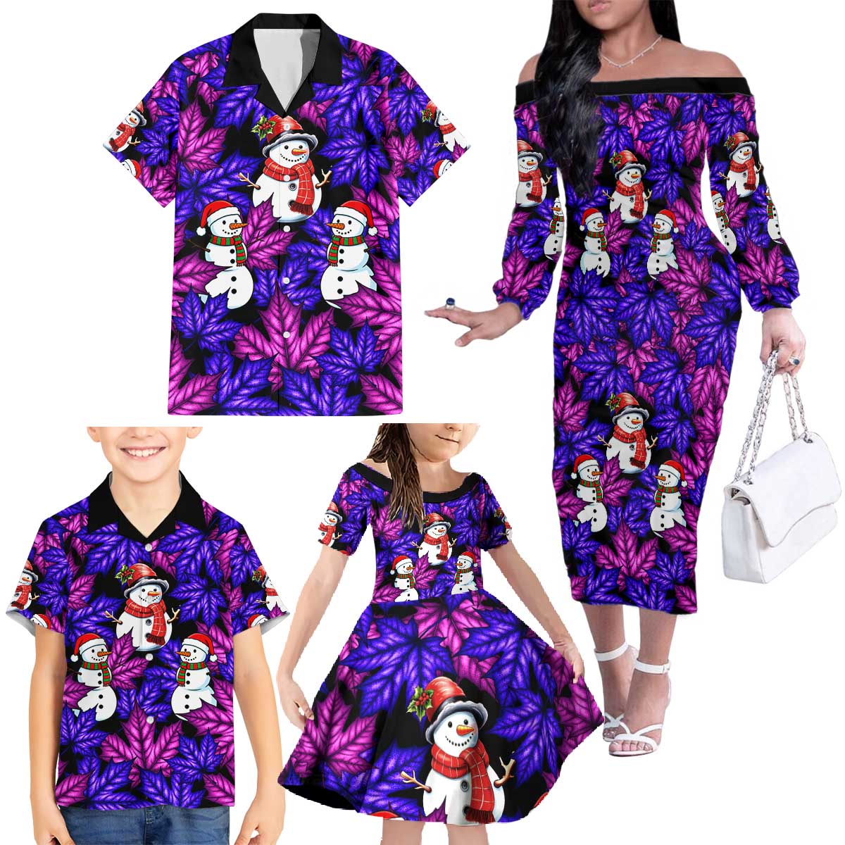 Christmas Snowman Leaves Family Matching Off The Shoulder Long Sleeve Dress and Hawaiian Shirt Xmas Holiday Patterns - Wonder Print Shop