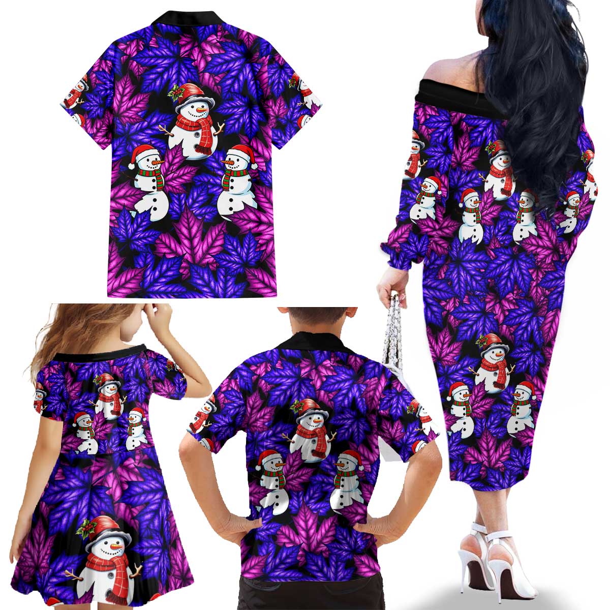 Christmas Snowman Leaves Family Matching Off The Shoulder Long Sleeve Dress and Hawaiian Shirt Xmas Holiday Patterns - Wonder Print Shop