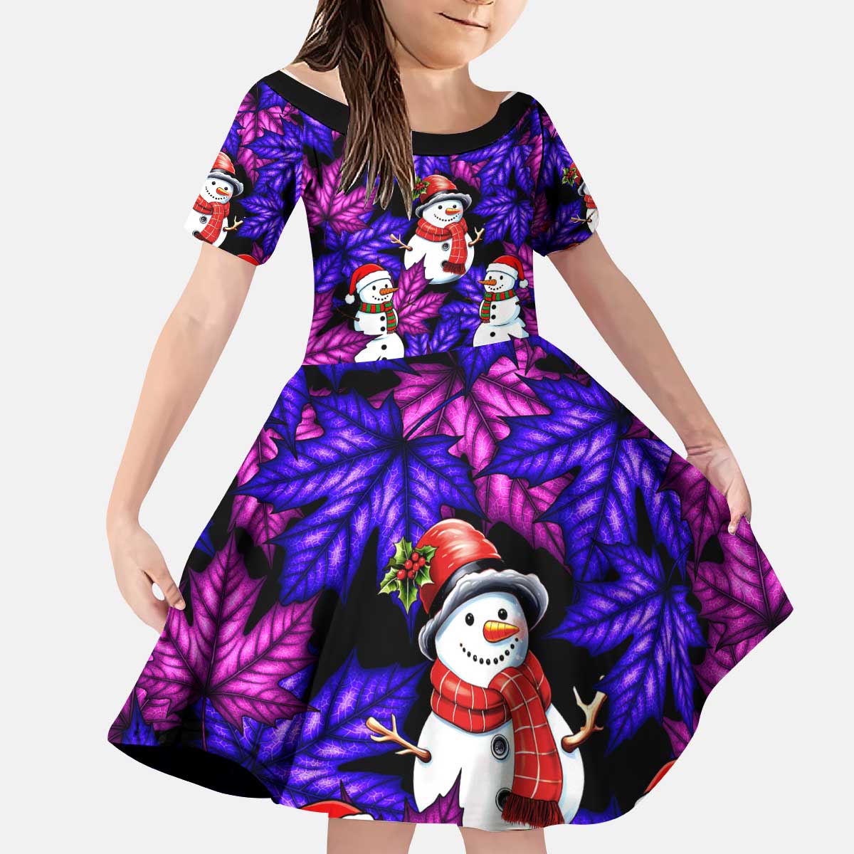 Christmas Snowman Leaves Kid Short Sleeve Dress Xmas Holiday Patterns - Wonder Print Shop