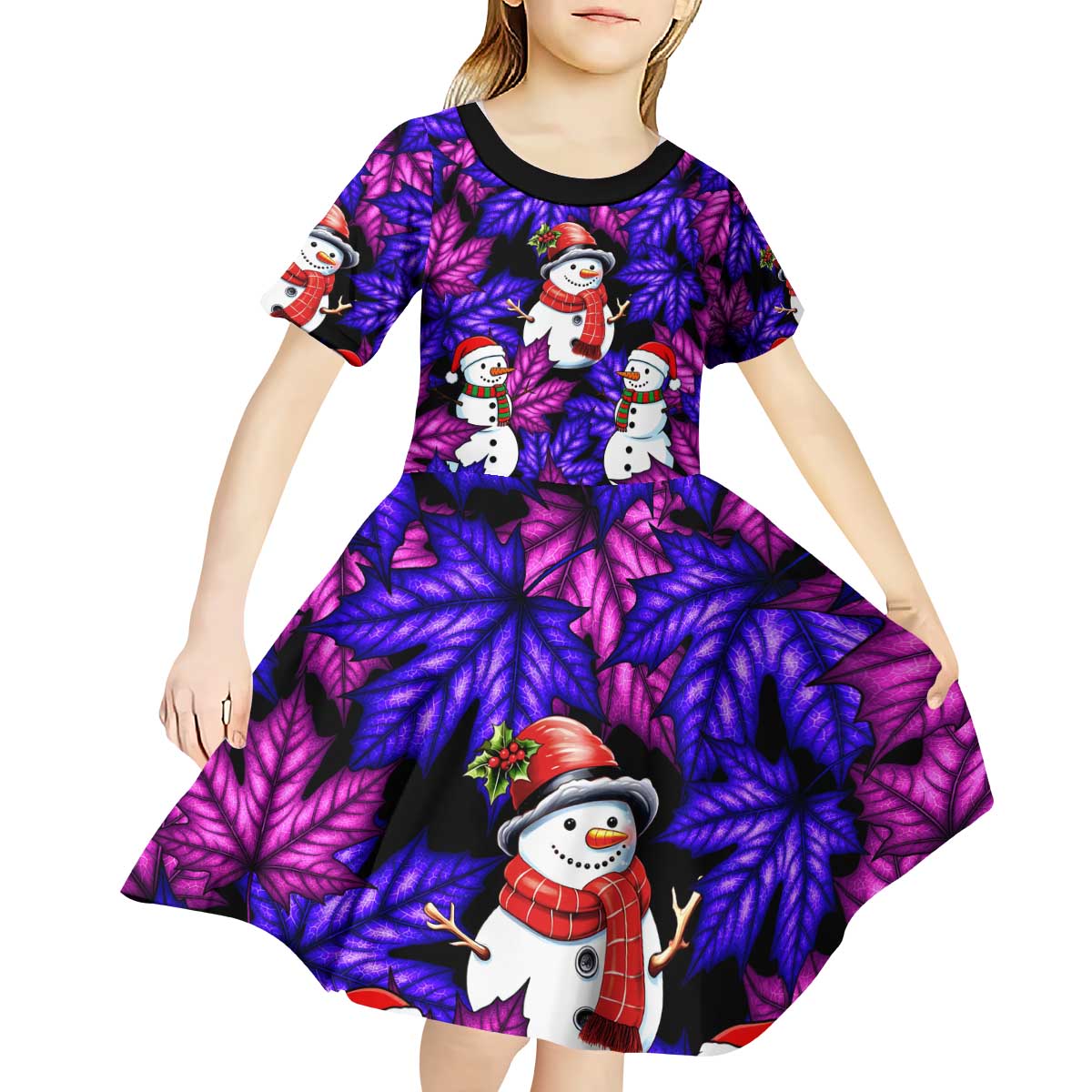Christmas Snowman Leaves Kid Short Sleeve Dress Xmas Holiday Patterns - Wonder Print Shop
