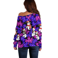 Christmas Snowman Leaves Off Shoulder Sweater Xmas Holiday Patterns - undefined