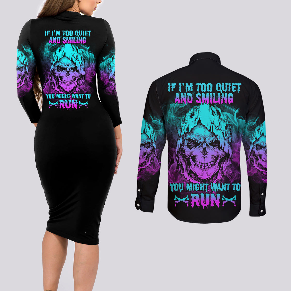 If I'm Too Quiet And Smiling Couples Matching Long Sleeve Bodycon Dress and Long Sleeve Button Shirt - Wonder Print Shop