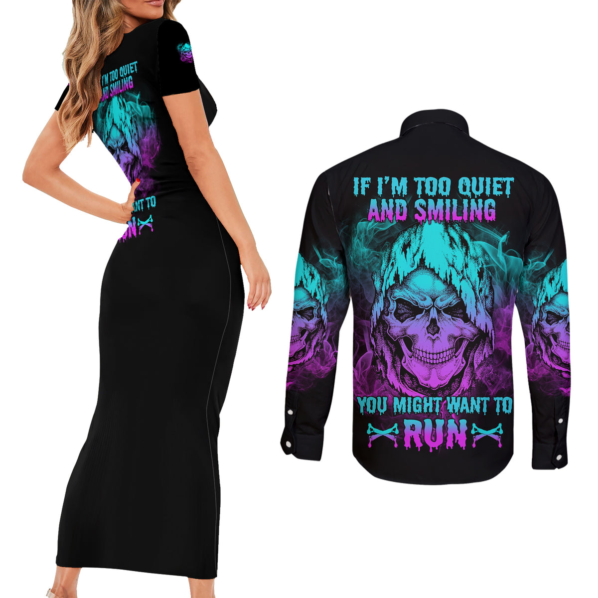 If I'm Too Quiet And Smiling Couples Matching Short Sleeve Bodycon Dress and Long Sleeve Button Shirt - Wonder Print Shop