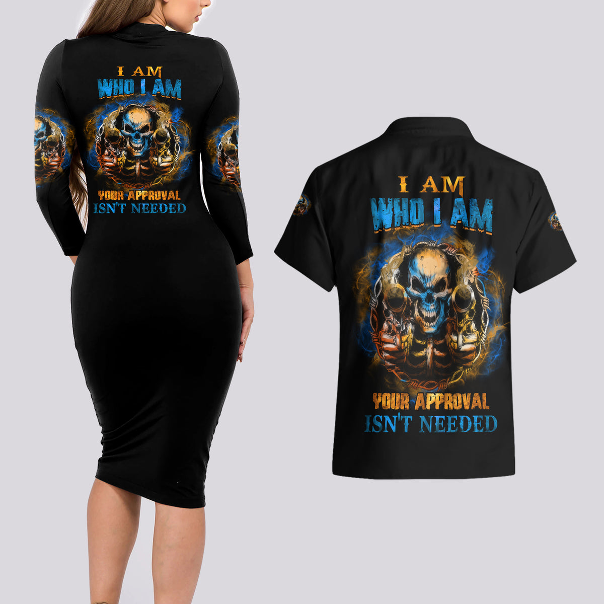 I Am Who I Am Couples Matching Long Sleeve Bodycon Dress and Hawaiian Shirt - Wonder Print Shop