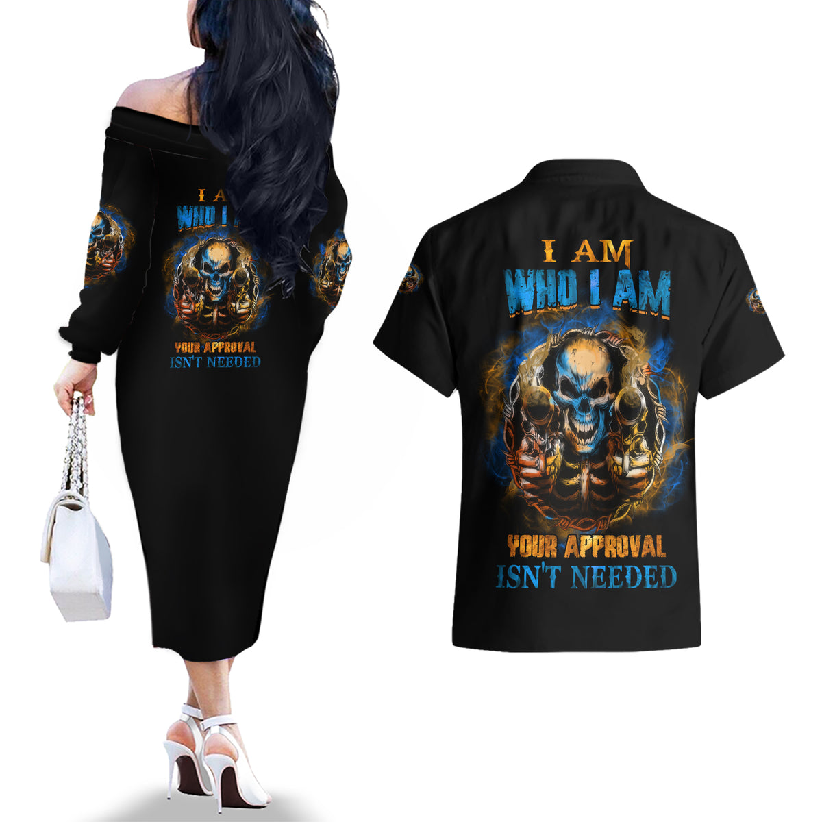 I Am Who I Am Couples Matching Off The Shoulder Long Sleeve Dress and Hawaiian Shirt - Wonder Print Shop