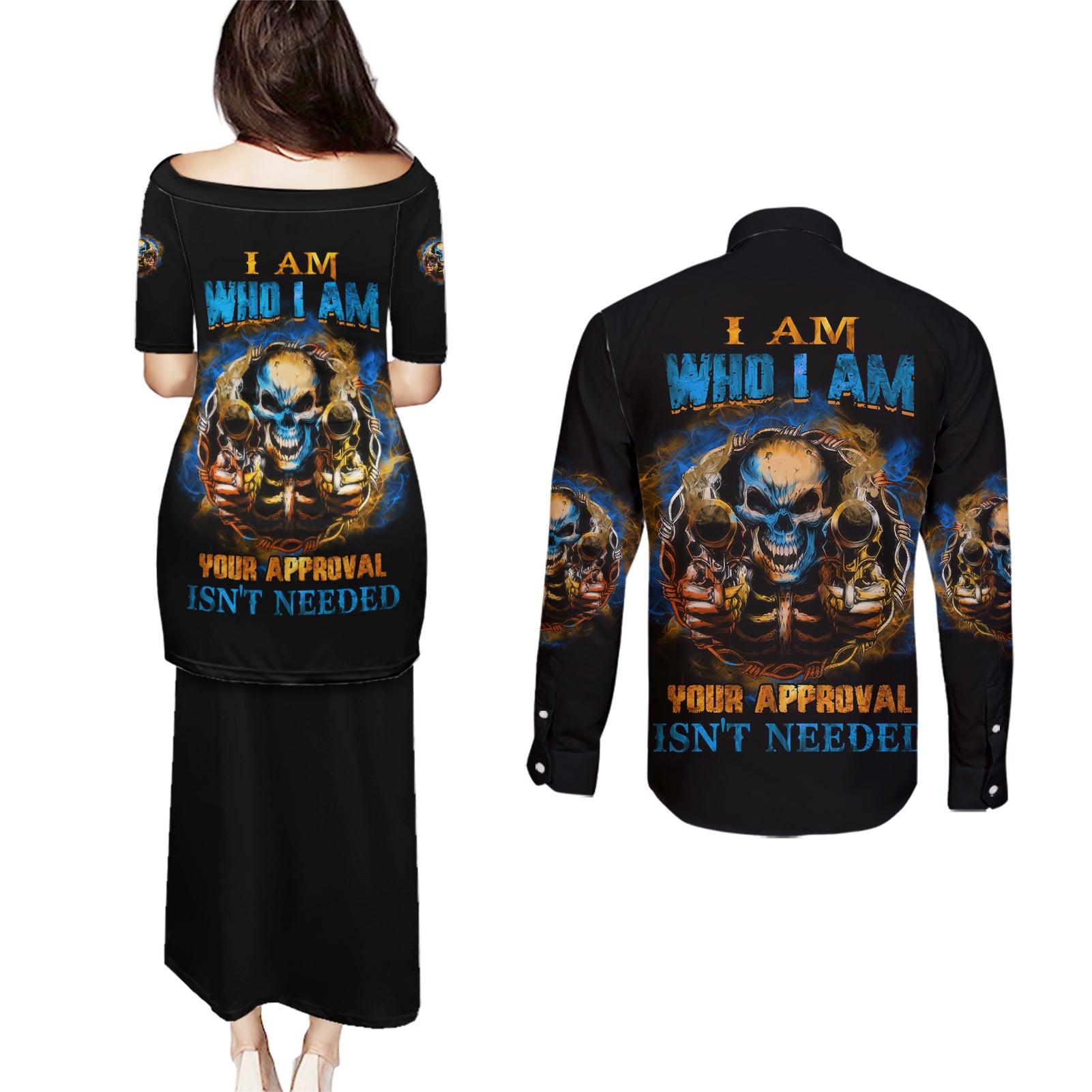 I Am Who I Am Couples Matching Puletasi Dress and Long Sleeve Button Shirt - Wonder Print Shop