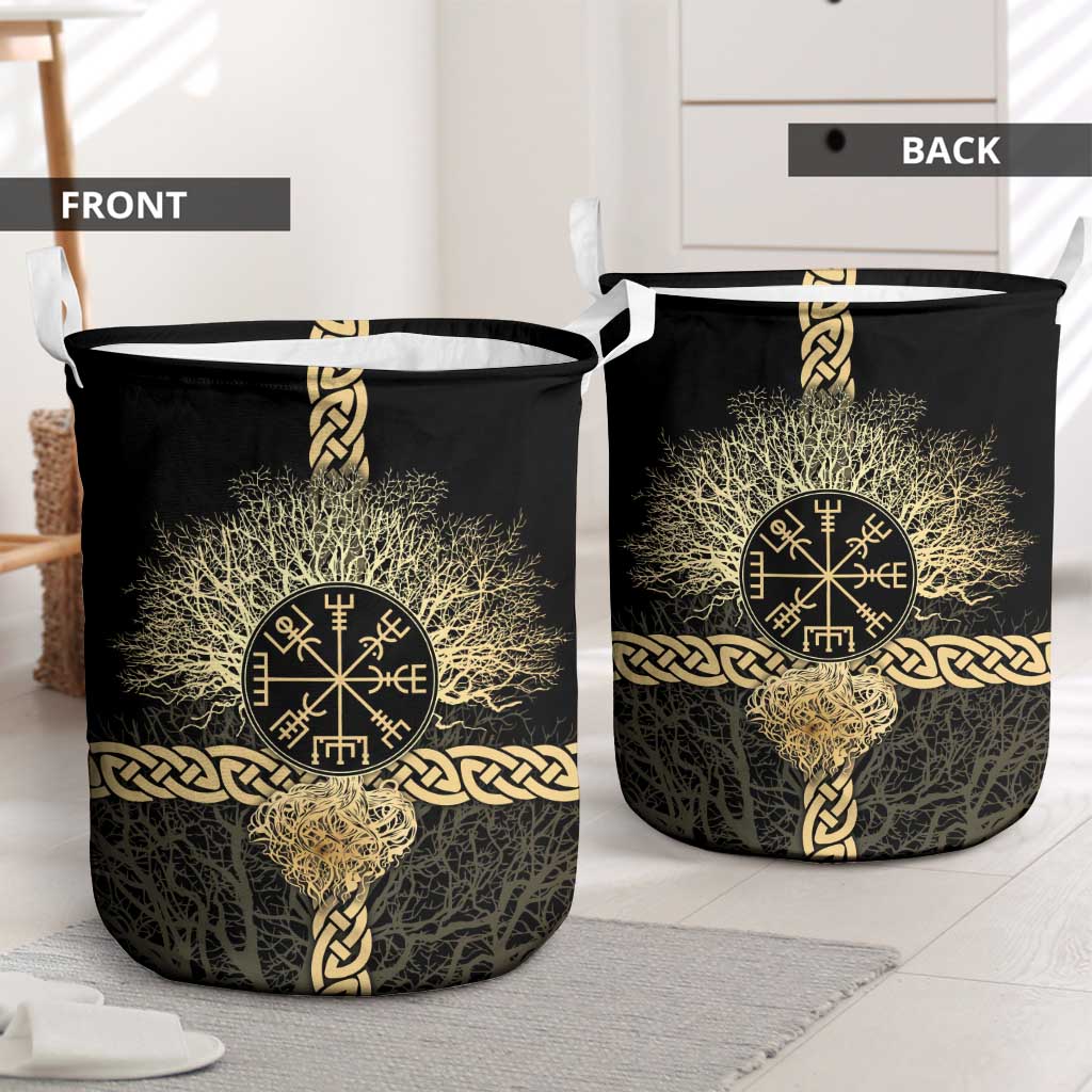 Vegvisir Compass Viking Laundry Basket with Yggdrasil Tree and Axe Symbols Norse Mythology Tribute - Wonder Print Shop