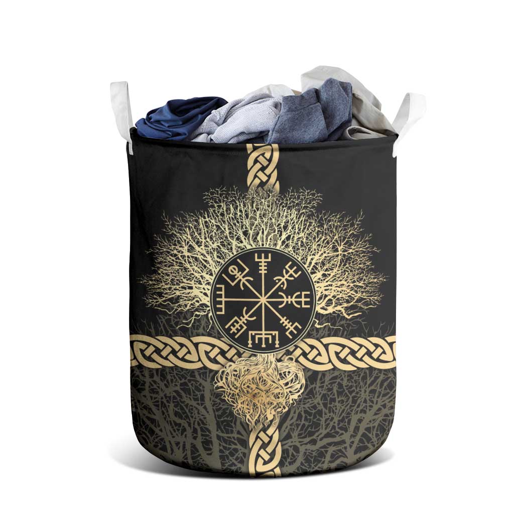 Vegvisir Compass Viking Laundry Basket with Yggdrasil Tree and Axe Symbols Norse Mythology Tribute - Wonder Print Shop
